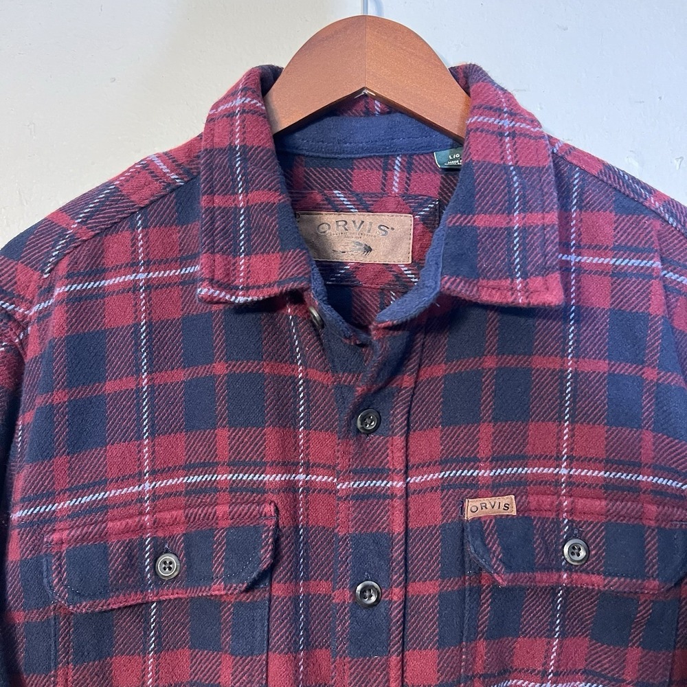 Orvis Mens Flannel Plaid Button Down Shirt, Long Sleeve, Red Navy